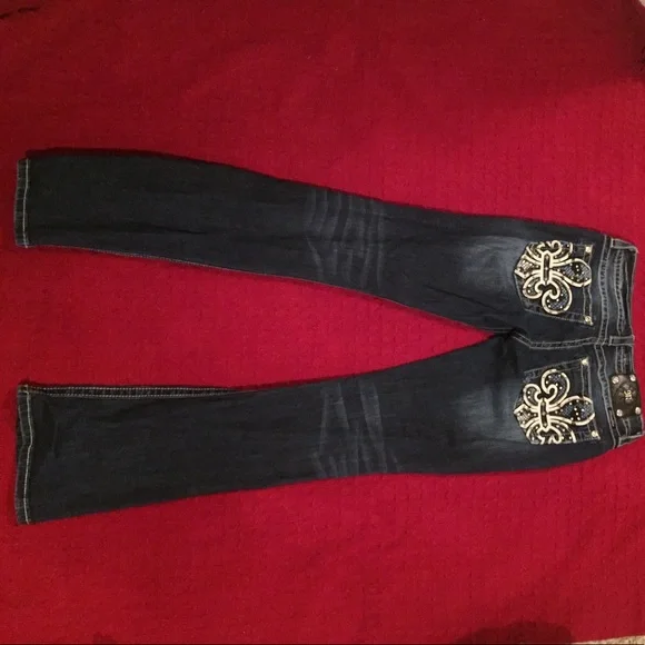 Miss Me Dark Wash Boot Cut Jeans with Embellished Fleur-de-Lis Pockets - Picture 3 of 5